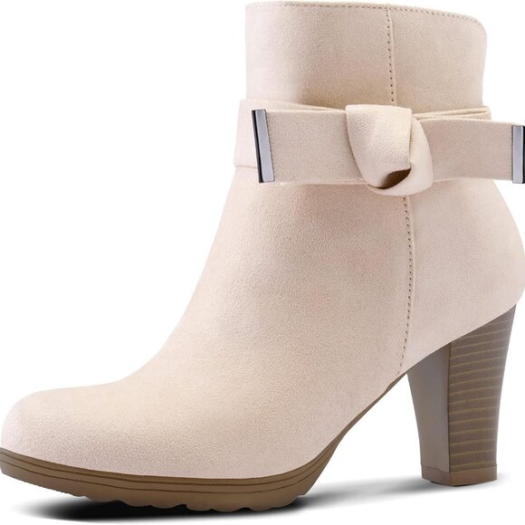 Women's Beige Suede Chunky Heel Ankle Boots with Bowknot & Buckle - Picture 1 of 6